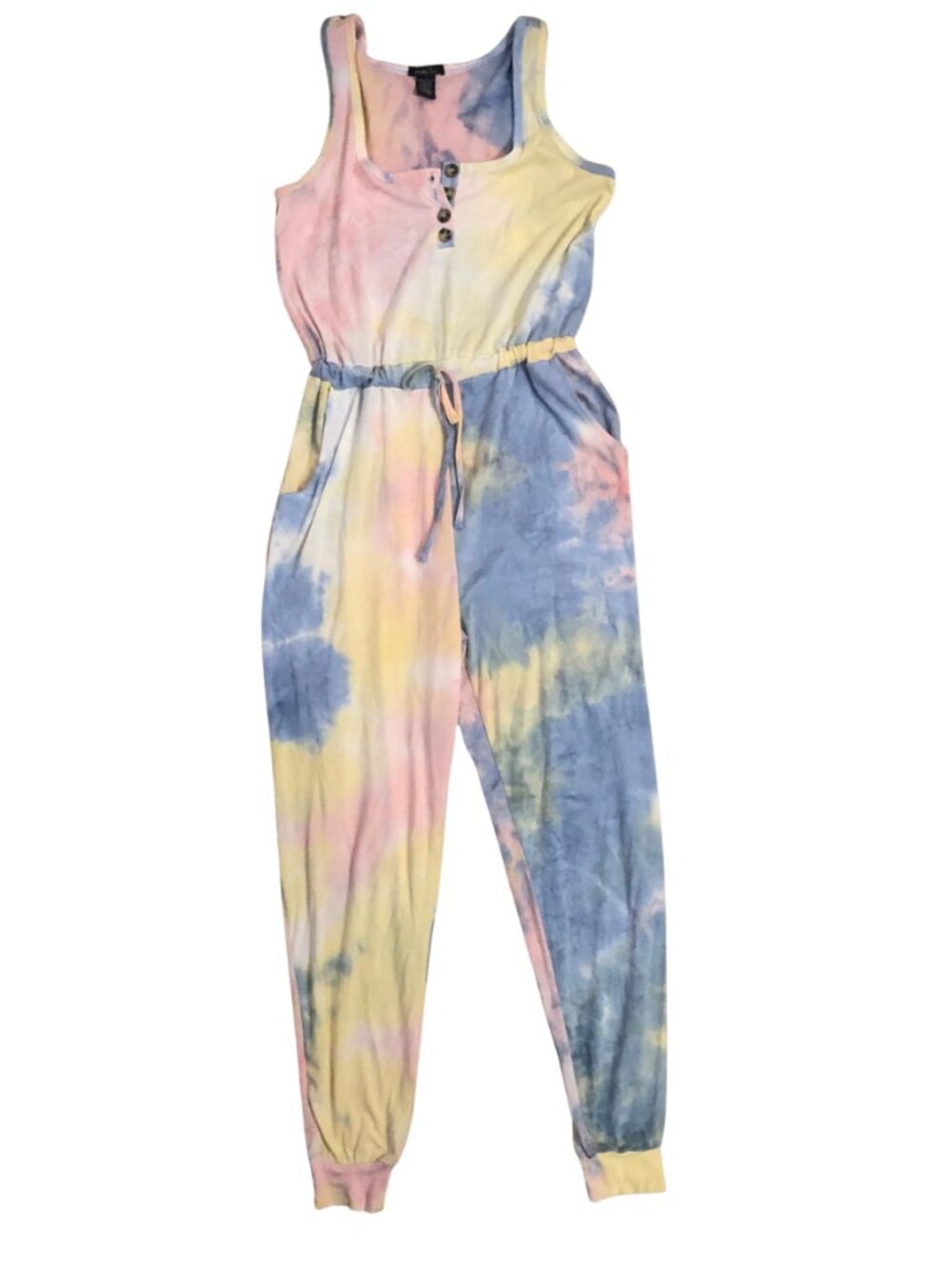 Tie Dye Pastel Multi Color Comfy Soft Jumpsuit with Tie Waist Pockets size Small